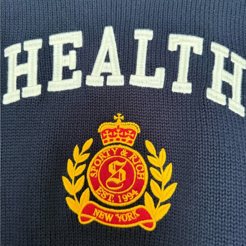 Sporty and Rich brand Medium NWT Navy Blue Cotton Crewneck Health Crest Sweater - Picture 2 of 16
